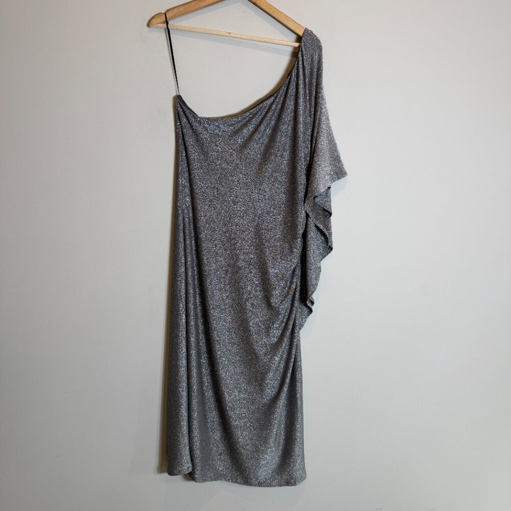 Trina Turk Ratio Ruched One-Shoulder Shimmer Mini Dress Women's XL Silver NWT - Picture 6 of 16